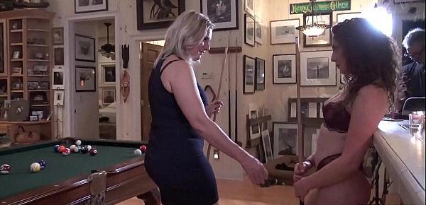  Amateur wives Mandy and Nikki masturbating and licking on the pool table